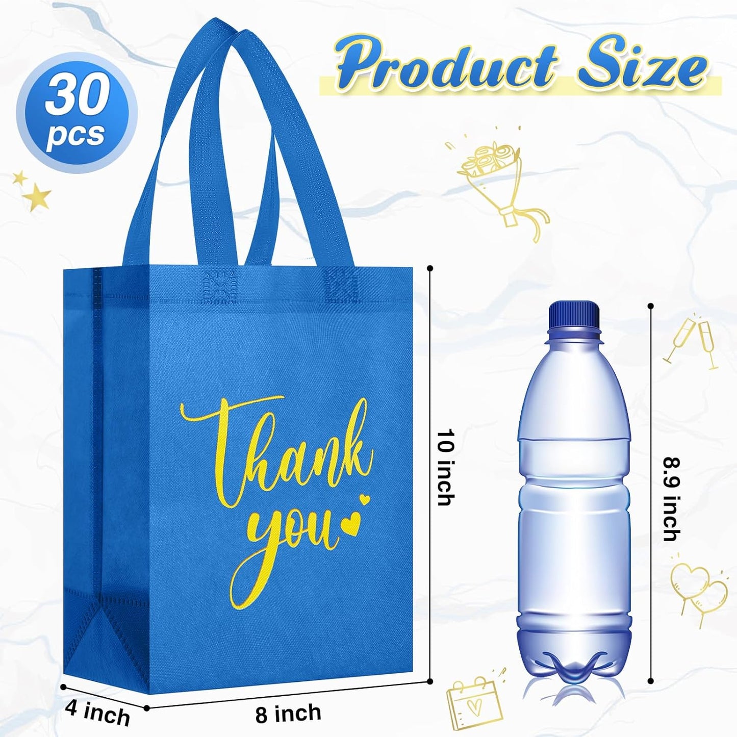 Sweetude 30 Pcs Thank You Gift Bags with Handles Bulk Reusable Goodie Bag Non Woven Foldable Handbag for Graduation Wedding Bridesmaid Gifts (10 x 8 x 4 Inch, Blue)