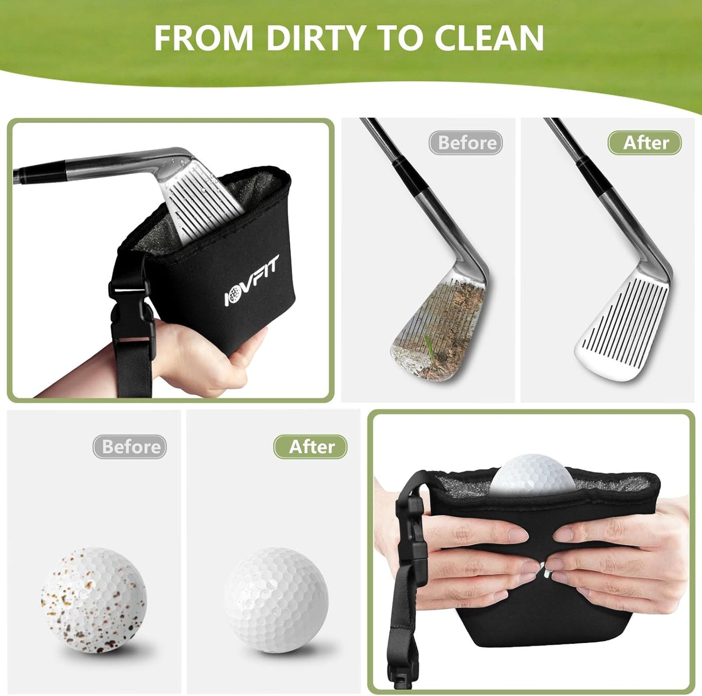 Golf Club and Golf Ball Cleaning Bag，Portable Waterproof Club Cleaner with Detachable Clip, Quick Dirt & Grass Removal, Compact Design for Golfers