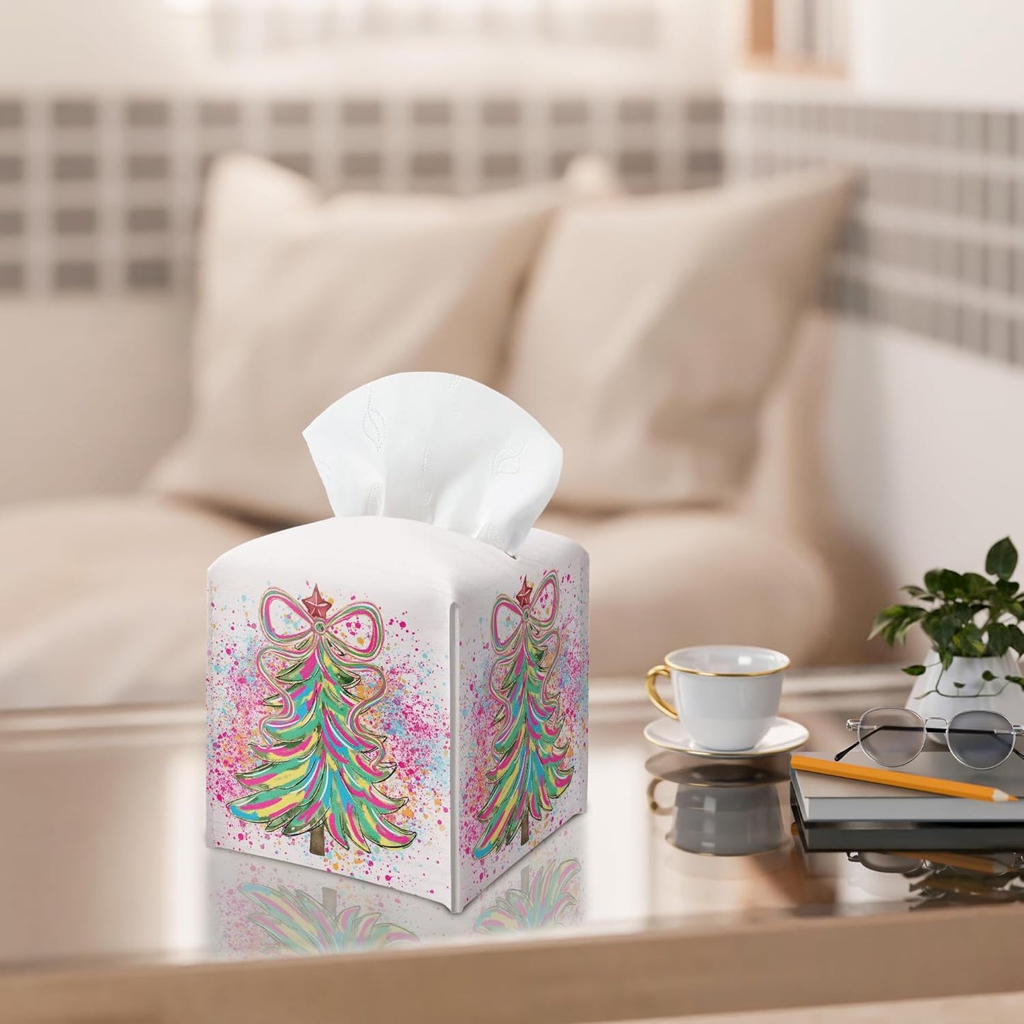 Christmas Tree Tissue Box Holder, Colorful Christmas Tree Leather Tissue Box Cover Square, Paper Facial Decorative Tissues Cover for Night Stands Bathroom Kitchen Office Home Decor-B01