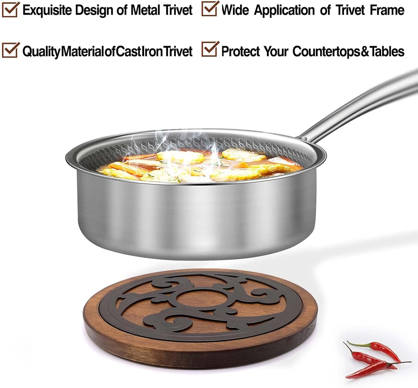 Cast Iron with Wood Trivet, Metal Trivets for Hot Dishes, Decorative 8-inch Round Kitchen Hot Pad, with Vintage Pattern for Serving Pot, Plates & Teapot on Kitchen Countertop or Dinning Table(Black)