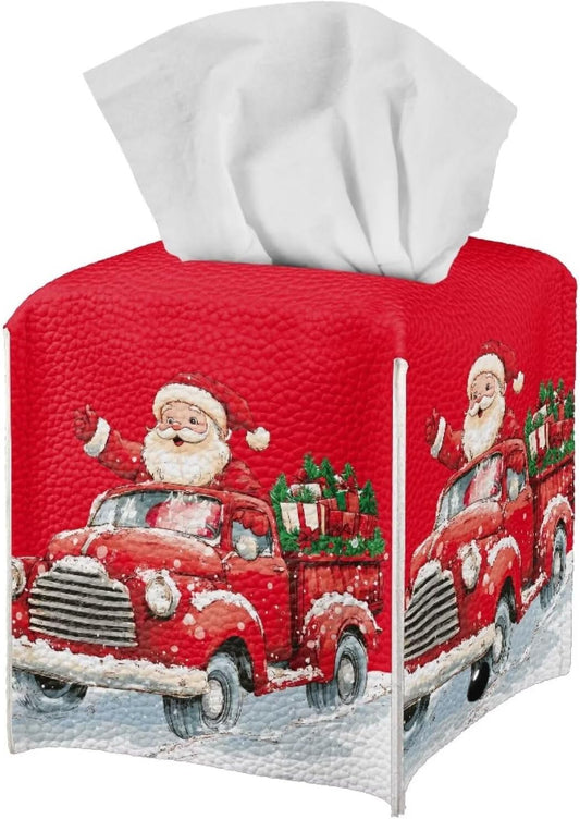 Christmas Tissue Box Cover Red Truck Tissue Box Holder Square Xmas Holiday Cute Tissue Box Modern Home Decor for Car Office Table Desk Kids Room