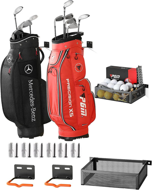 Golf Bag Wall Mount: Golf Bag Storage Rack, Golf Bag Holder for Garage, Heavy Duty Hanger Holds 2 Golf Bags