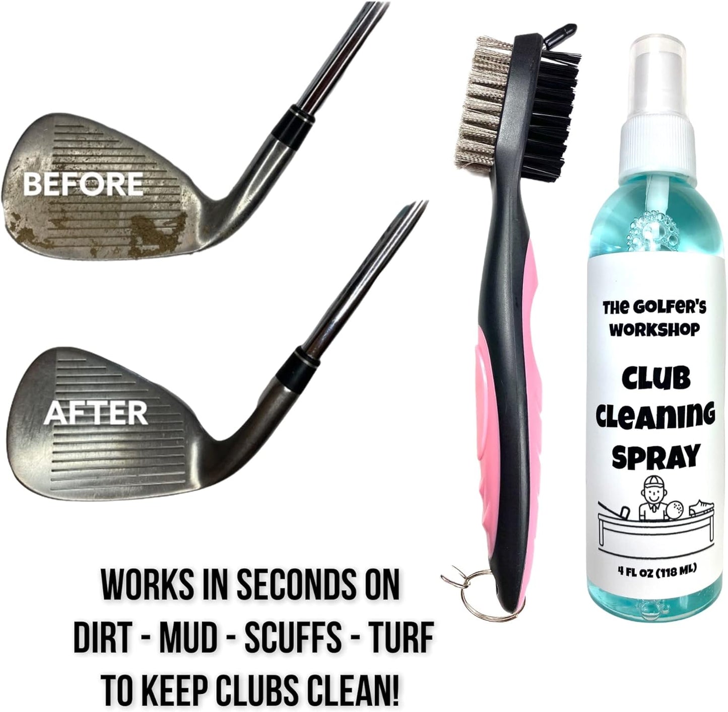 The Golfer's Workshop Club Cleaning Kit - 4oz Spray, Golf Club Brush with Groove Cleaner, 2ft Retractable Zip-line, Carabiner Clip (Pink)