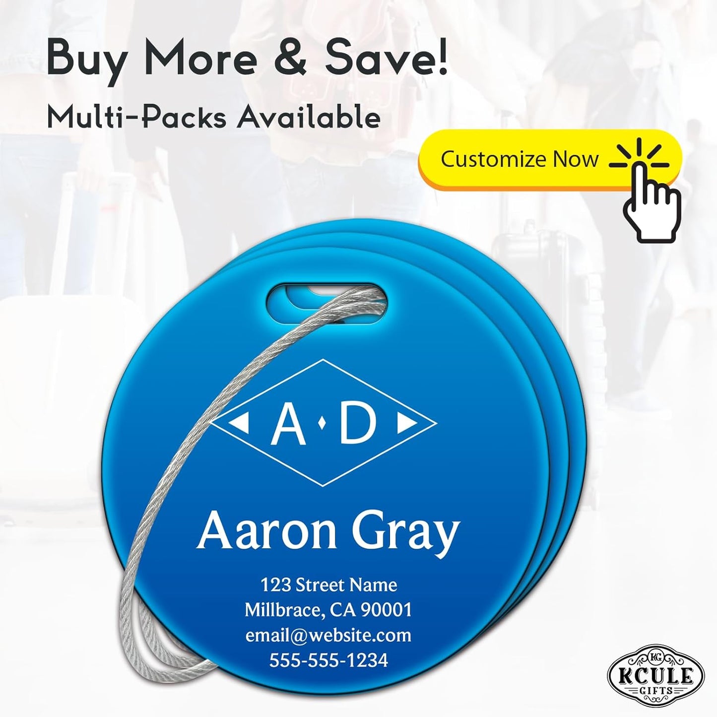 Personalized Luggage Tags for Suitcases - Stainless Steel Custom Luggage Tags for Backpacks & Bags, Sturdy, Waterproof & Heavy Duty (Blue/Round)