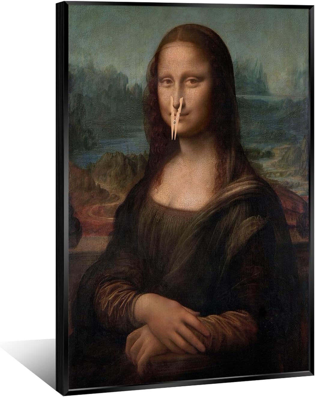 Funny Bathroom Wall Art Classical Oil Painting Mona Lisa Poster Amusing Pinching Nose Canvas Prints Vintage Humor Wall Decor for Restroom Toilet 20x30in Framed