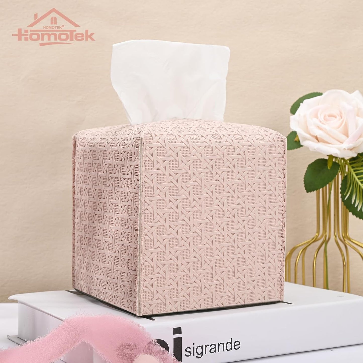 HOMOTEK 2 Pack Tissue Box Cover, Square PU Leather Tissue Holder, Decorative Facial Tissue Cube Paper Organizer Dispenser for Bathroom, Night Stands, Desk, Car 5X5X5'' - Rattan Weave,Macaron Pink