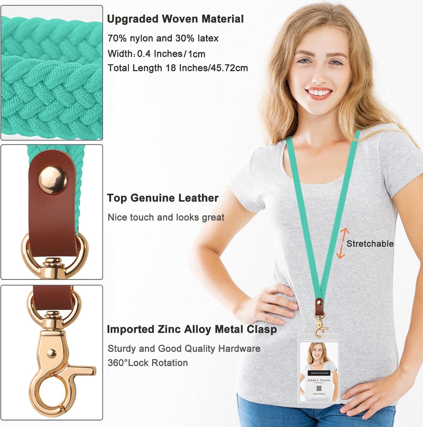 Fishent Stretchy Thin Lanyards for Keys ID Badges, Cute Long Teacher Neck Key Lanyard Keychains for Women Men Wallet Phone(Lake Blue)