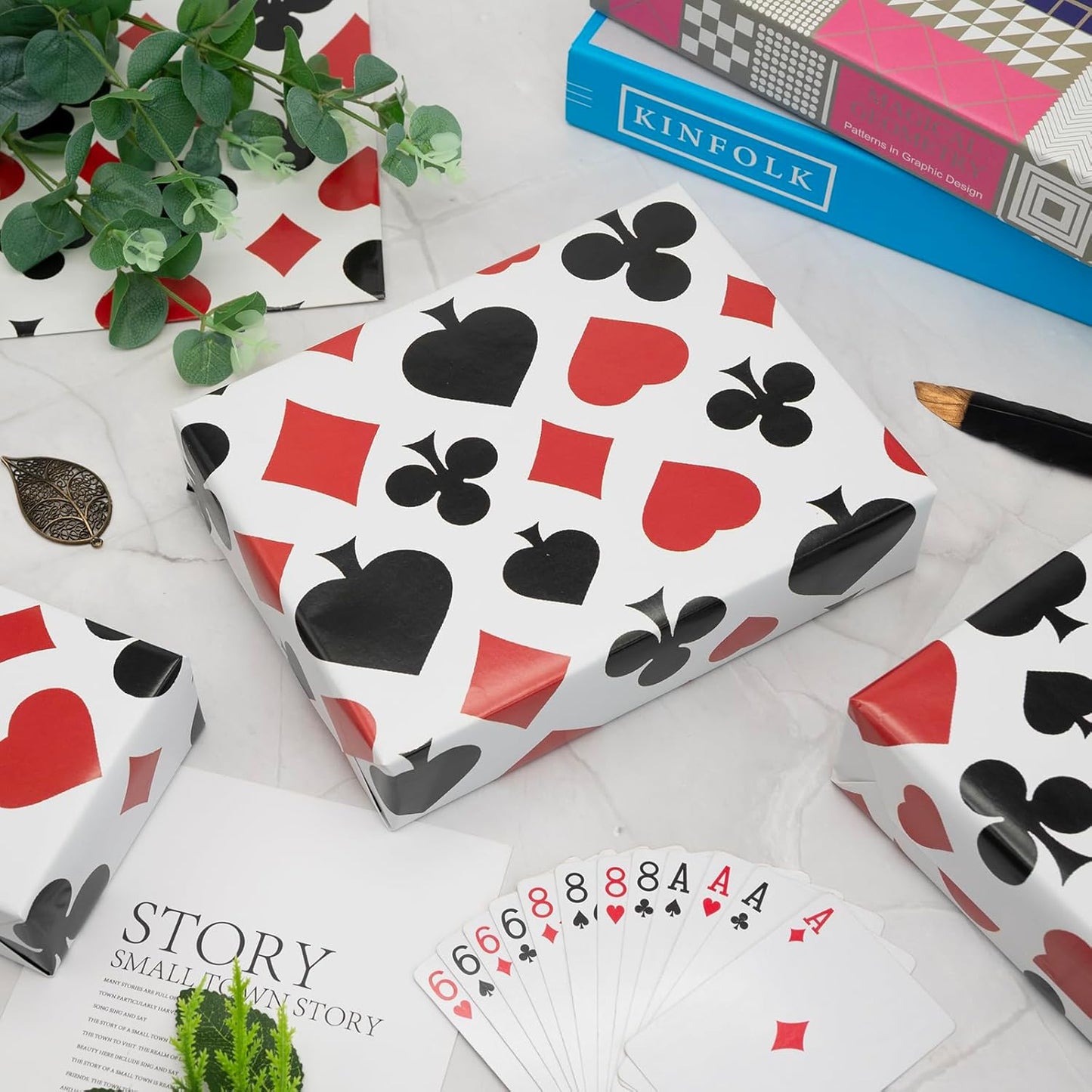 Vnaaem Casino Wrapping Paper 6 Pc Black Red Poker Printed Gift Wrap for Boys Men Women Birthday Holiday Las Vegas Themed Party 19.6 X27.8Inch