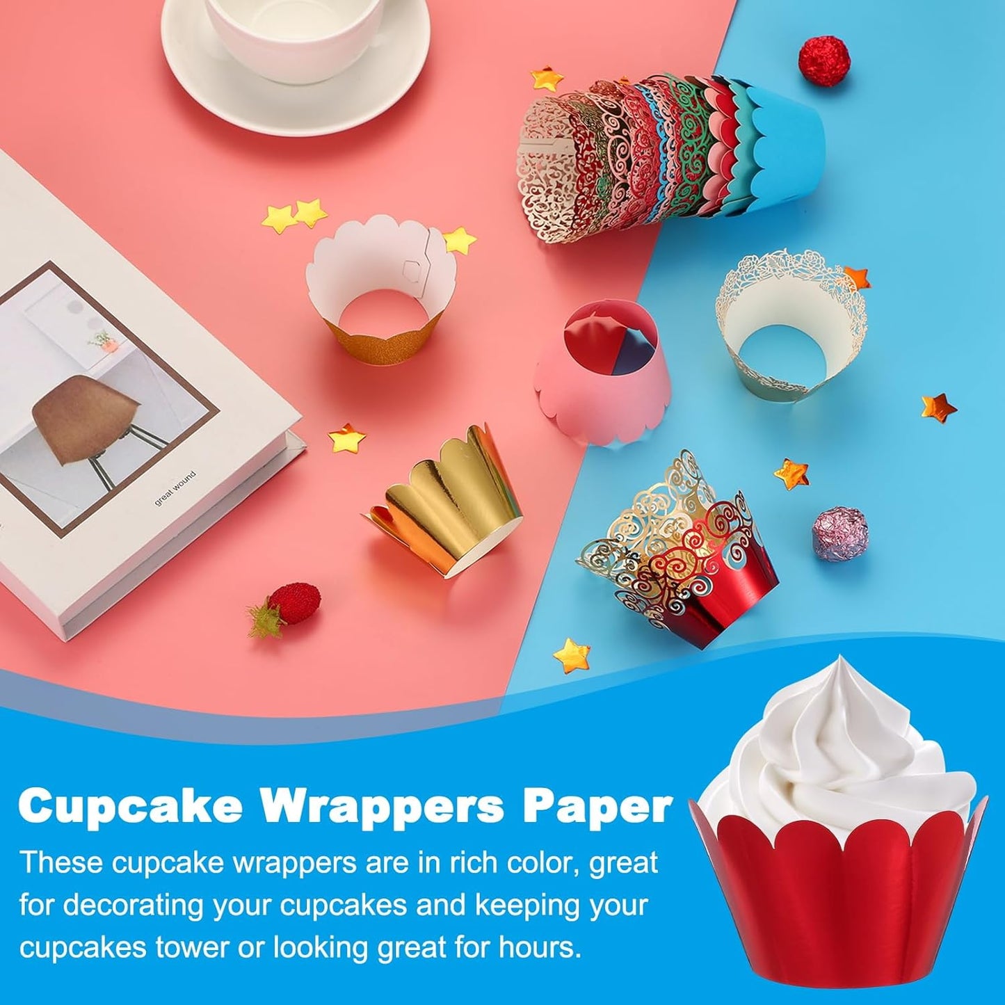 PATIKIL Cupcake Wrappers Paper, 50 Pack Baking Cups Standard Wave Decoration for Anniversary Birthday Weddings and Parties, Reflective Red