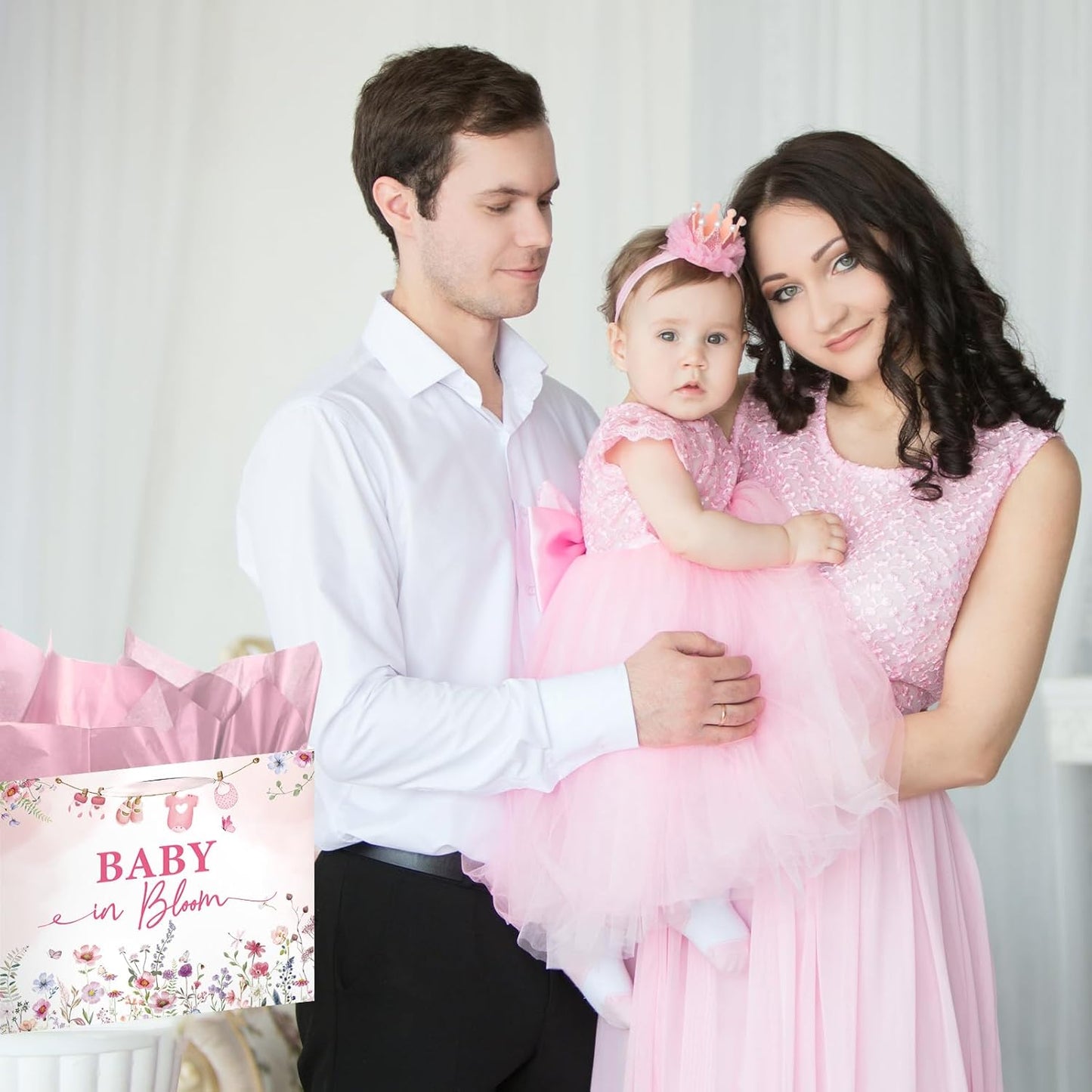 Luvsweets Baby in Bloom Gift Bag - Wildflower Gift Bag with Pink Wrapping Paper Greeting Card for Girl, Gender Reveal Party Decorations, Floral Baby Shower Decor Supplies