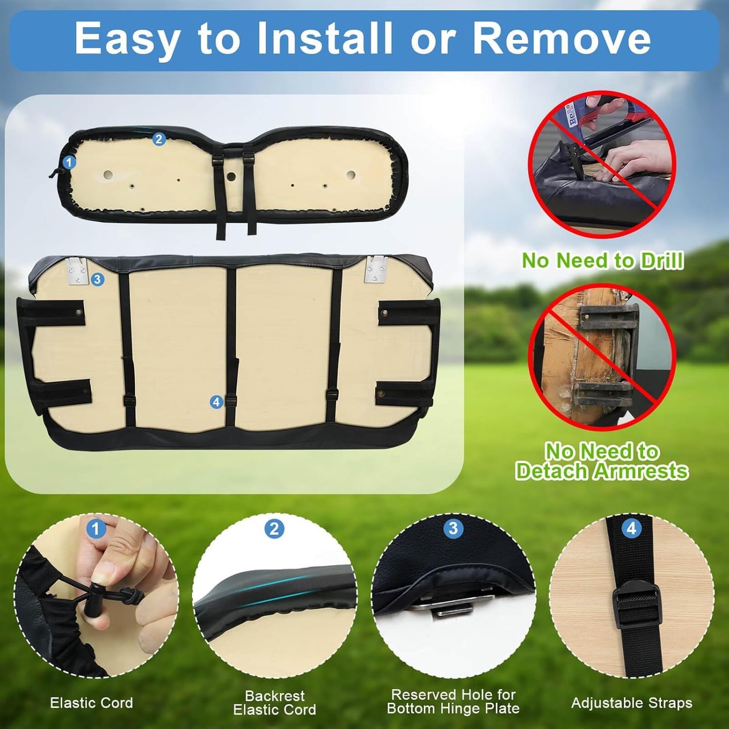 EZGO TXT Seat Cover, Golf Cart Front Seat Cover Fit for EZGO TXT 1994-2013 OEM Ordinary Seat Cushion, Breathable Polyester Mesh Cloth and Leather Combination Appearance, No Need Detaching Armrests