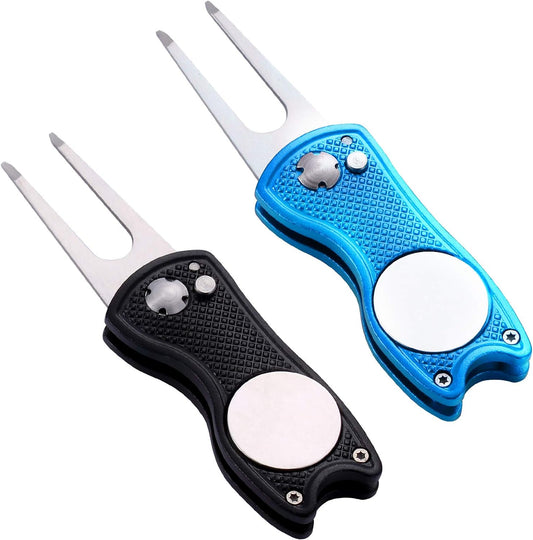 2 Pack Metal Foldable Golf Divot Tool with Pop-up Button & Magnetic Ball Marker (Pack of 2, Fish Design)