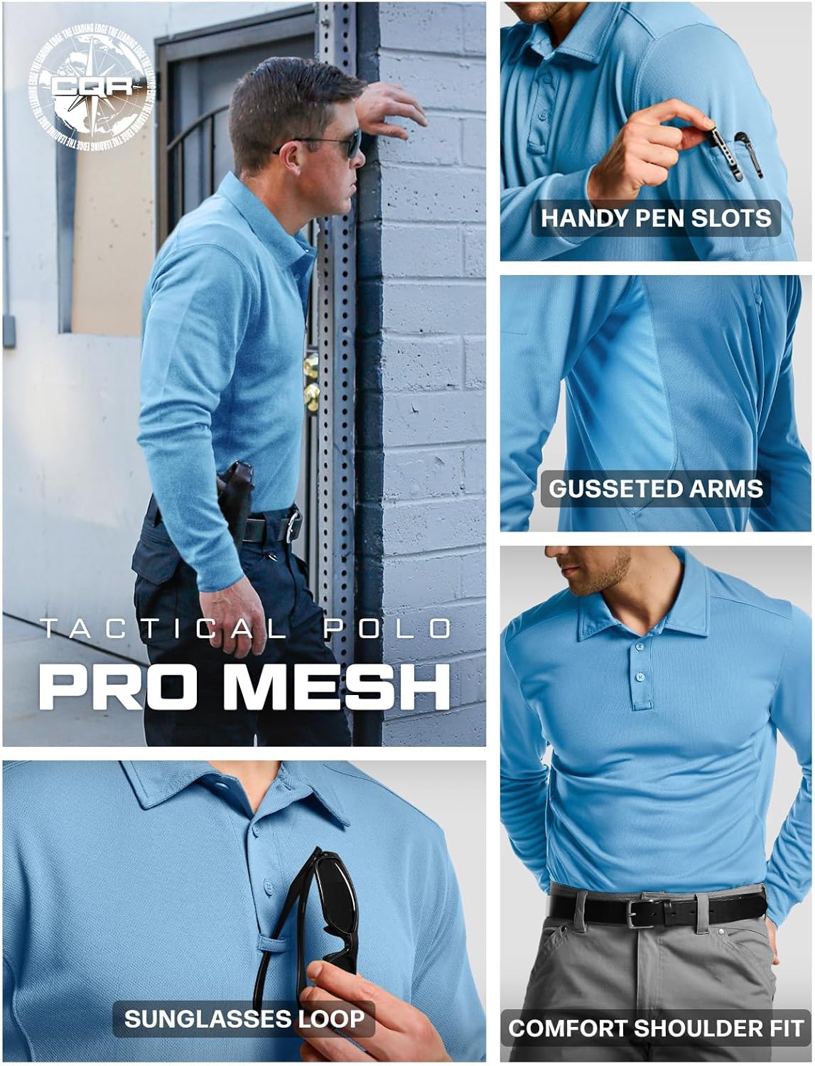 CQR Men's Polo Shirt, Long Sleeve Tactical Shirts, Outdoor UPF 50+ Pique Shirt, Dry Fit Lightweight Golf Shirts