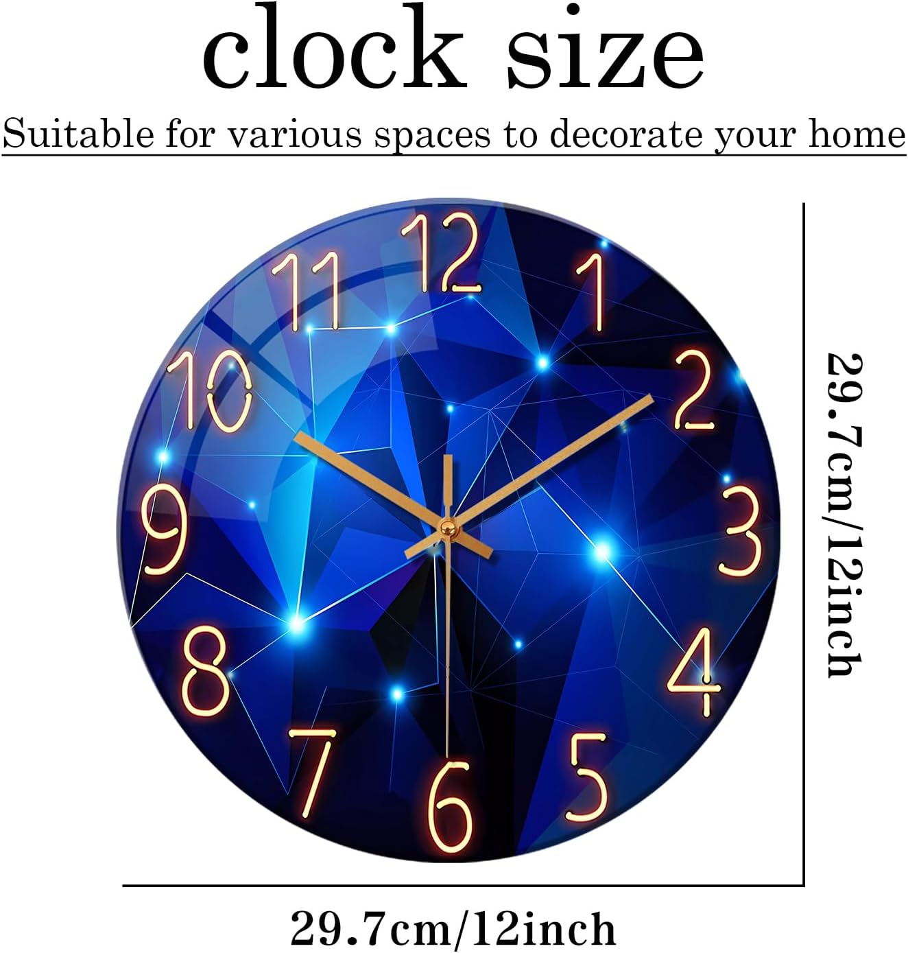 Blue Wall Clock for Living Room Decor Kitchen Wall Clocks Battery Operated 12 Inch Round Glass Decorative Wall Clock Non Ticking