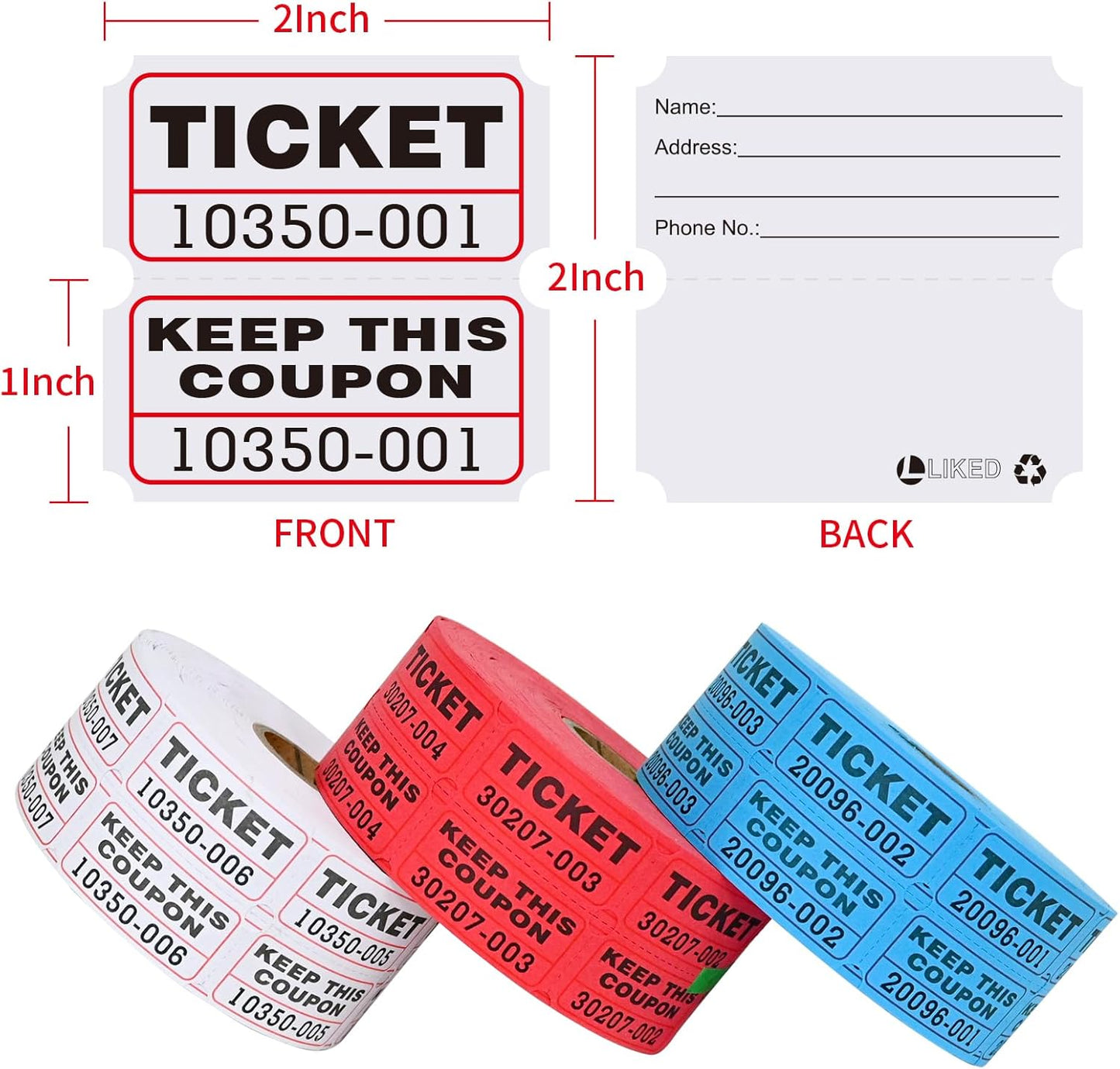 L LIKED Raffle Tickets Double Roll,Consecutively Numbered,50/50 Raffle Tickets for Event,Party,Prize,Drawing(3000 PCS Assorted)