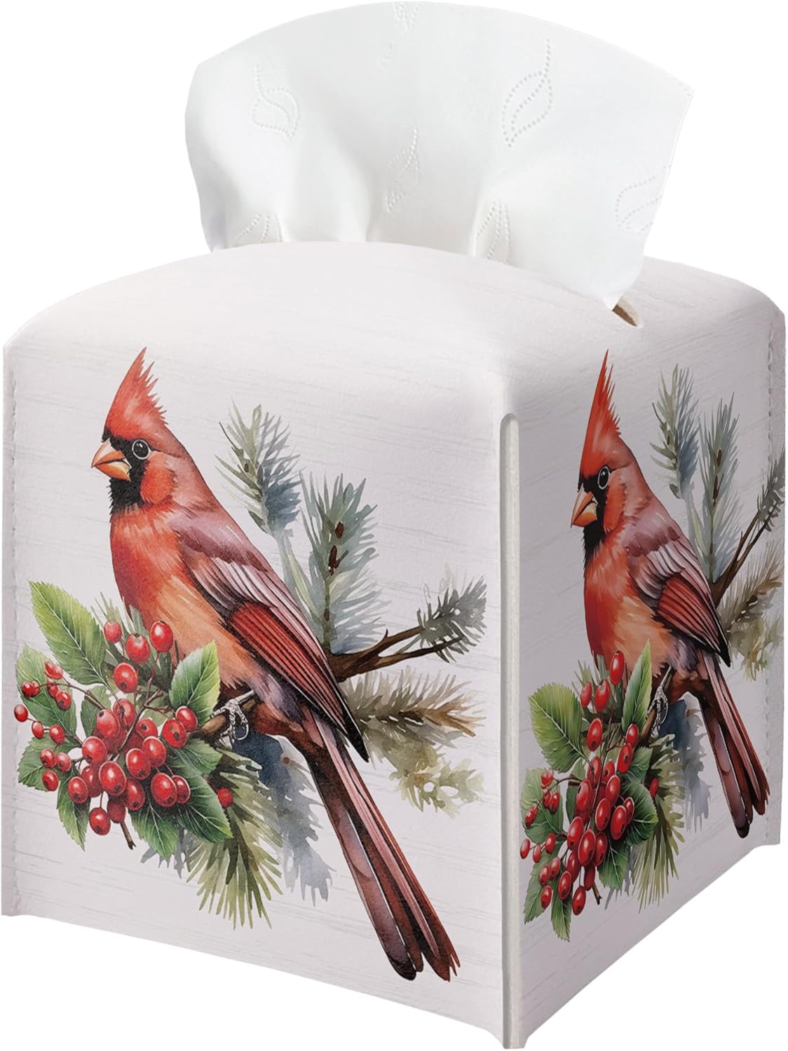 Christmas Tissue Box Holder, Christmas Cardinal Leather Tissue Box Cover Square with Bottom Belt, Paper Facial Decorative Tissues Cover for Night Stands Bathroom Office Home Decor-B11