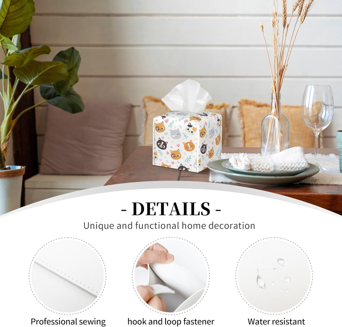 Tissue Box Cover Square, Cute Cats Face with Hearts Leather Tissue Box Holder Decorative Organizer for Bathroom, Home Office Car Decor