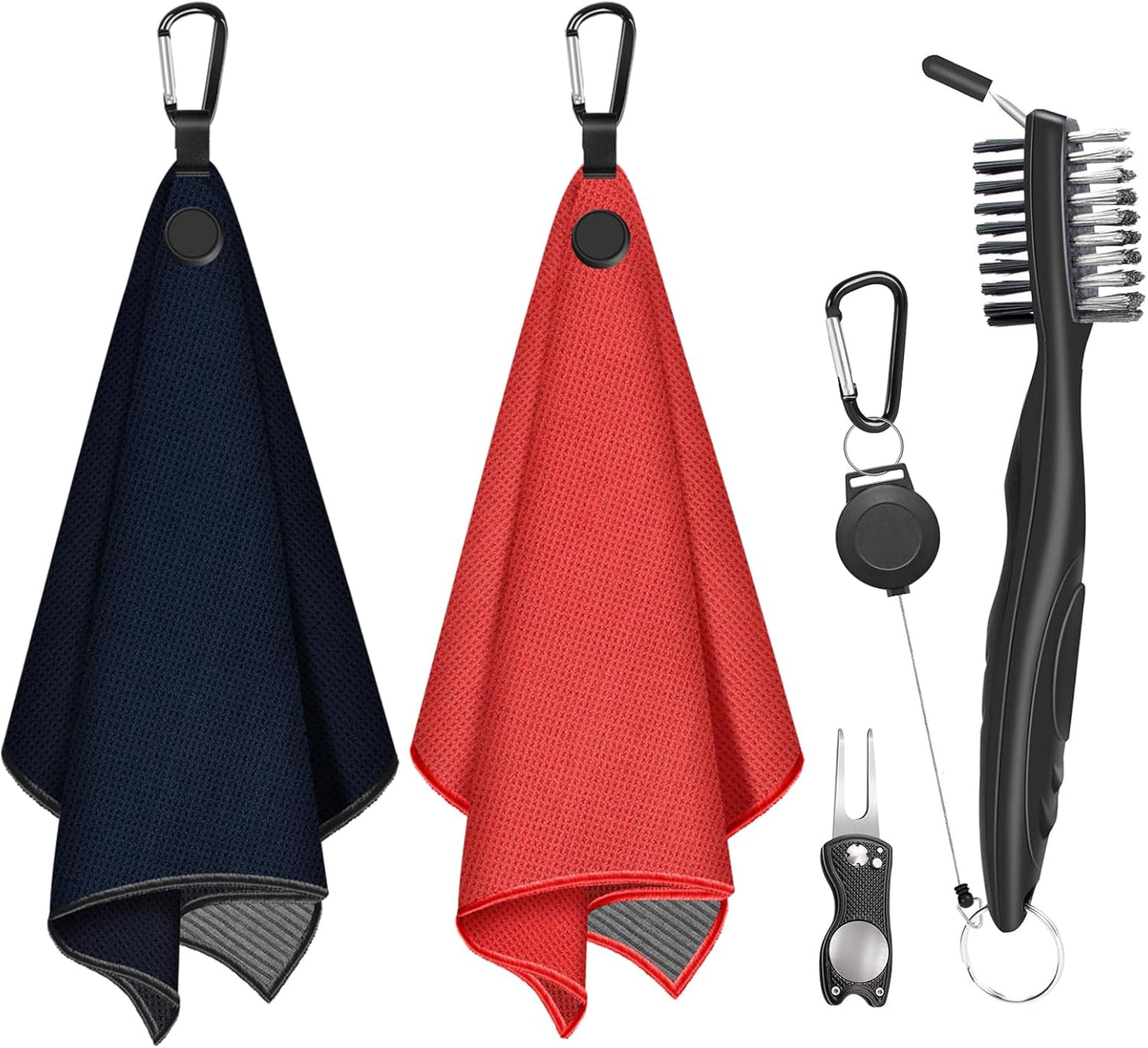 2 PCS Magnetic Golf Towels with Brush and Divot Tool, Microfiber Golf Towel with Wire Cleaning Cloth for Men, Industrial Strength Magnet for Strong Hold to Golf Bags, Carts or Clubs (Black Red)