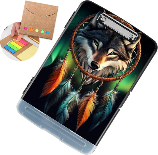 Clipboard with Storage - Large Capacity,Nursing Clipboard with Pen Holder,Heavy Duty,Plastic Side-Opening Folder for Teacher,Nurse - Wolf Dreamcatcher