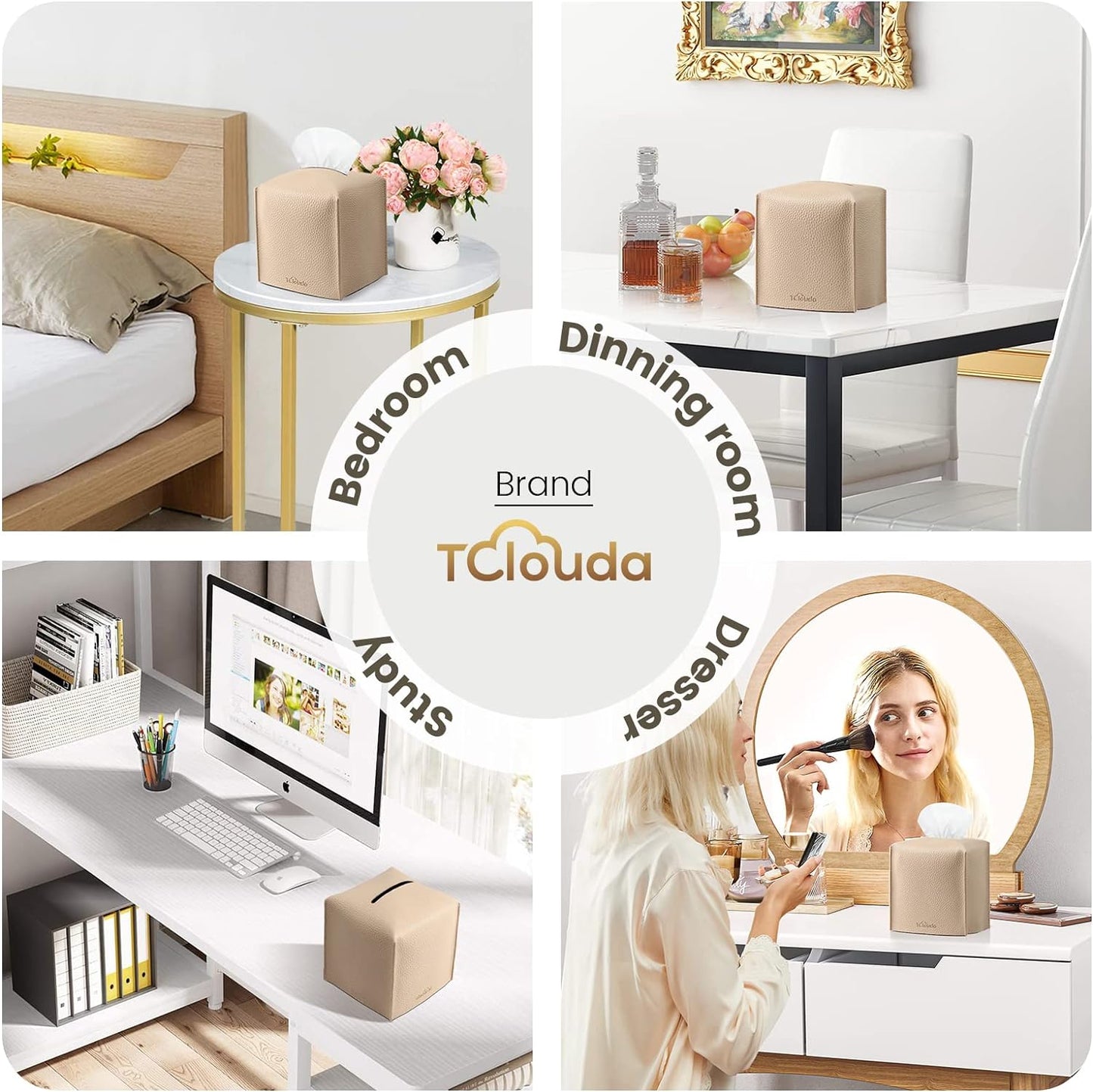 Tissue Box Cover, Tclouda, Modern PU Leather Square Tissue Box Holder for Creative Decorative, Ideal for Bathrooms/Office/Car/Nightstand/Outdoor Tent/Dining Table, 5"X5"X5", Single Beige