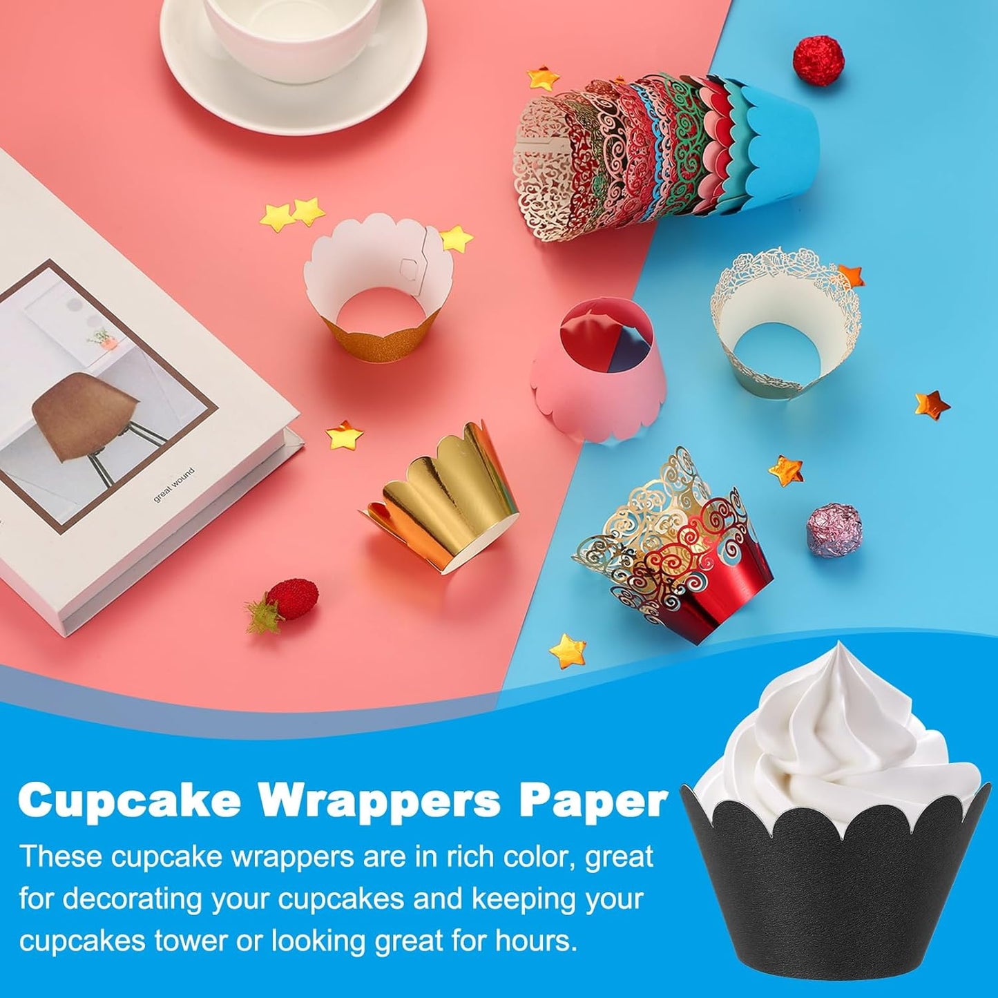 PATIKIL Cupcake Wrappers Paper, 50 Pack Baking Cups Standard Wave Decoration for Anniversary Birthday Weddings and Parties, Black