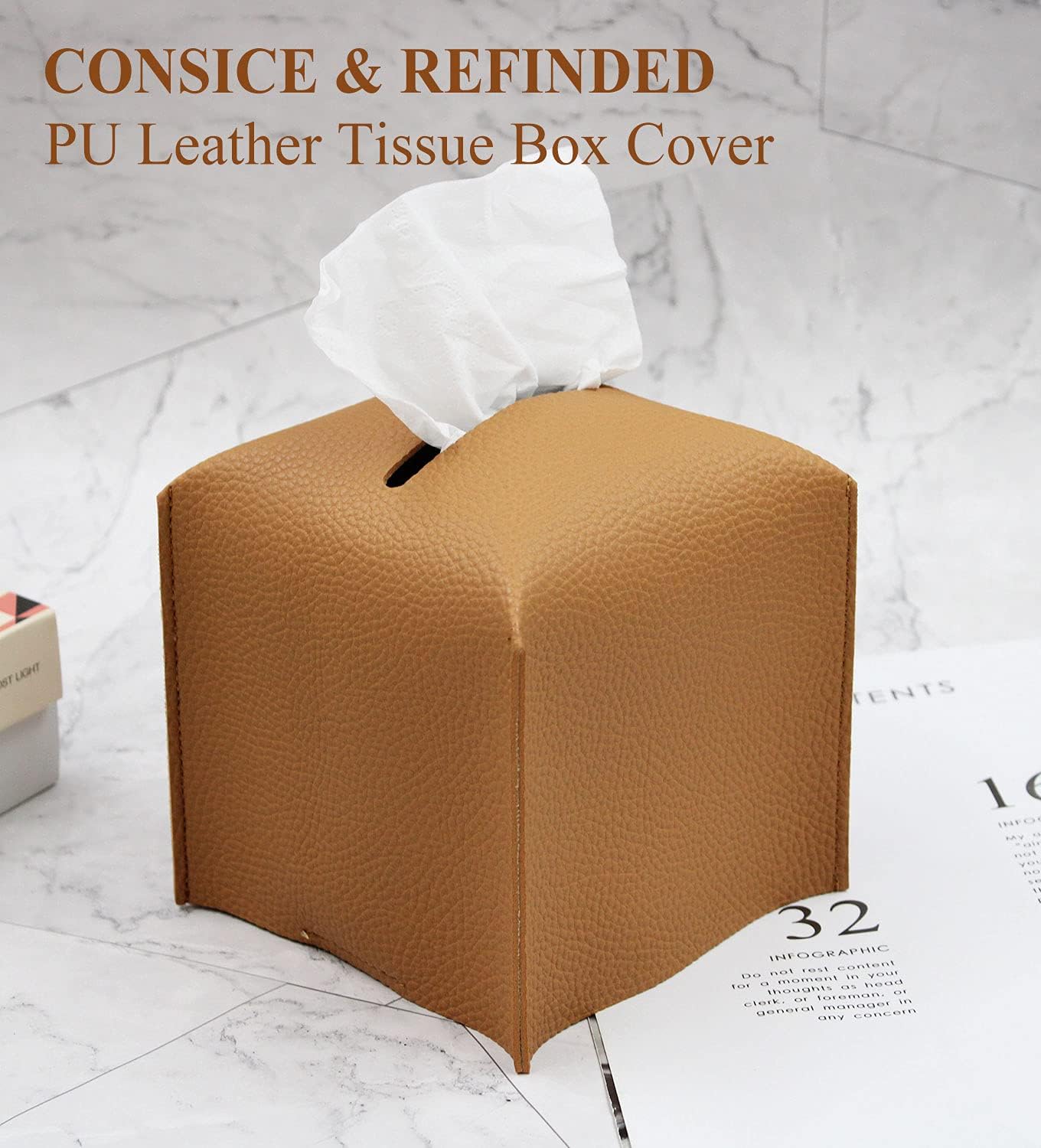 Livelab Tissue Box Cover, Modern Square Decorative PU Leather Facial Paper Case Organizer Holder Dispenser for Bathroom, Vanity Countertop, Night Stands, Desk, Car 5X5X5'' | Camel