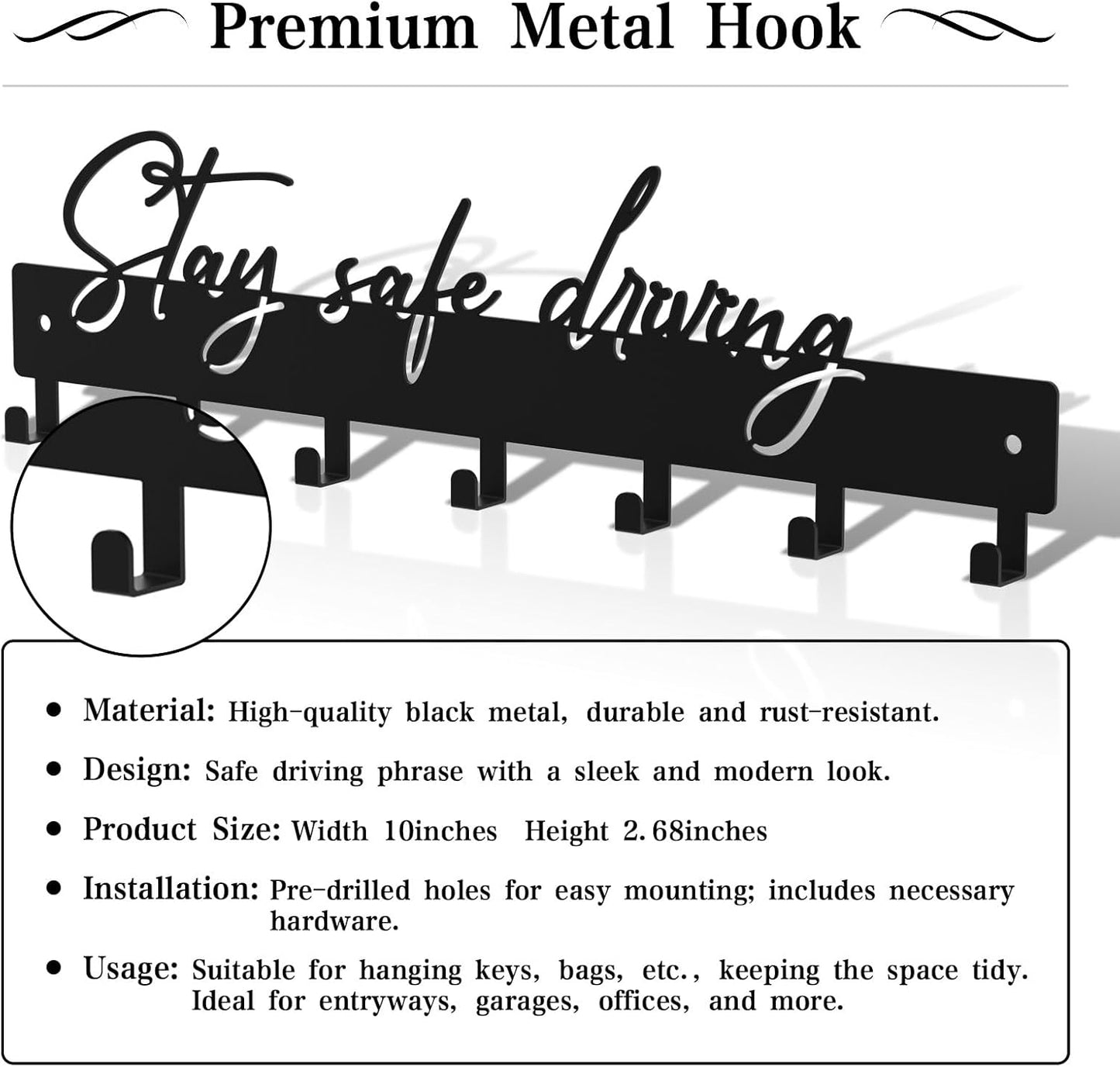 10 Inch Key Holder for Wall, Black Metal House Decoration Key Hooks, Phrase Style(Stay Safe Driving), Key Hanger Organizer with 7 Hooks, Suitable for Doors, Corridors, Living Rooms, Bedrooms