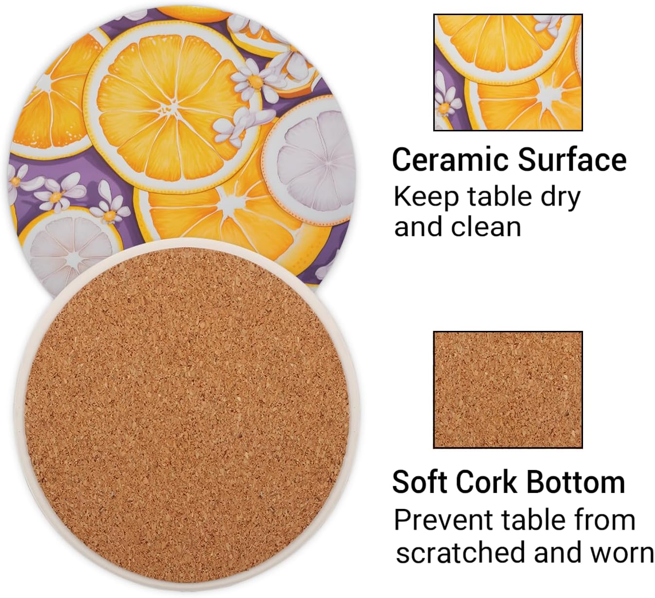Ceramic Coasters for Drinks with Cork Back, Citrus Slice Daisy 4 Inch Absorbent Coaster Set 1 Pack, Quick Dry Non-Slip Coaster Mats for Home, Office, Bar