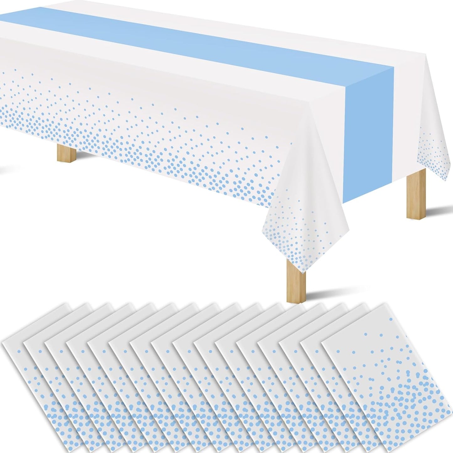 16 Pack 2in1 Disposable Plastic Tablecloths 54" x 108" White and Baby Blue Dot Party Table Cloth Rectangle Table Cover for Wedding Birthday Baby Shower Anniversary Christmas New Year Party Decorations
