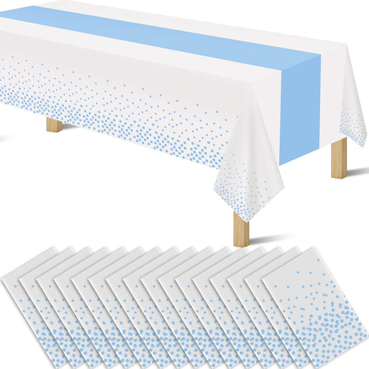 16 Pack 2in1 Disposable Plastic Tablecloths 54" x 108" White and Baby Blue Dot Party Table Cloth Rectangle Table Cover for Wedding Birthday Baby Shower Anniversary Christmas New Year Party Decorations