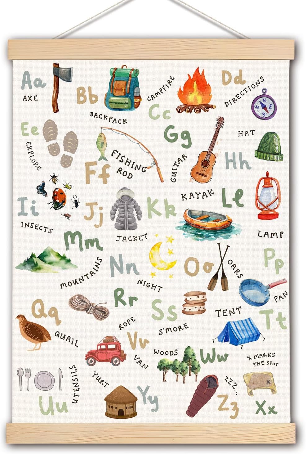 Alphabet Poster, Camping Alphabet Nursery Wall Art Poster Hanger Frame, Camper Decor, Alphabet ABC Educational Posters Wall Decor for Camper Home Classroom Kids Room Playroom Nursery, 12x16 Inches