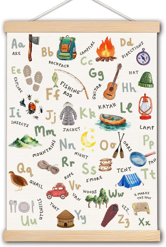 Alphabet Poster, Camping Alphabet Nursery Wall Art Poster Hanger Frame, Camper Decor, Alphabet ABC Educational Posters Wall Decor for Camper Home Classroom Kids Room Playroom Nursery, 12x16 Inches