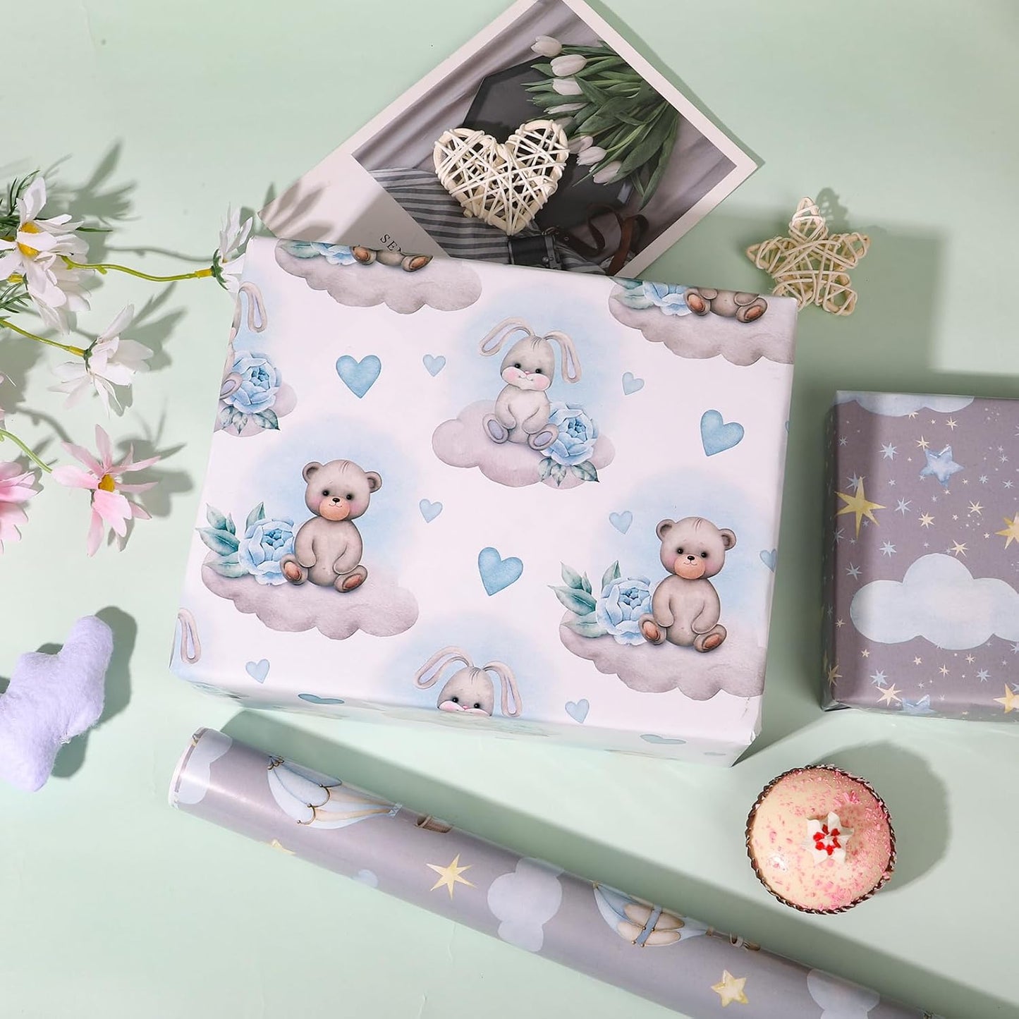 Vnaaem Baby Boy Wrapping Paper 12 Pc Baby Shower Wrapping Paper with Grey Balloon Bear Moon Patterns for Kids Birthday Party New Baby,19.6 X27.8Inch