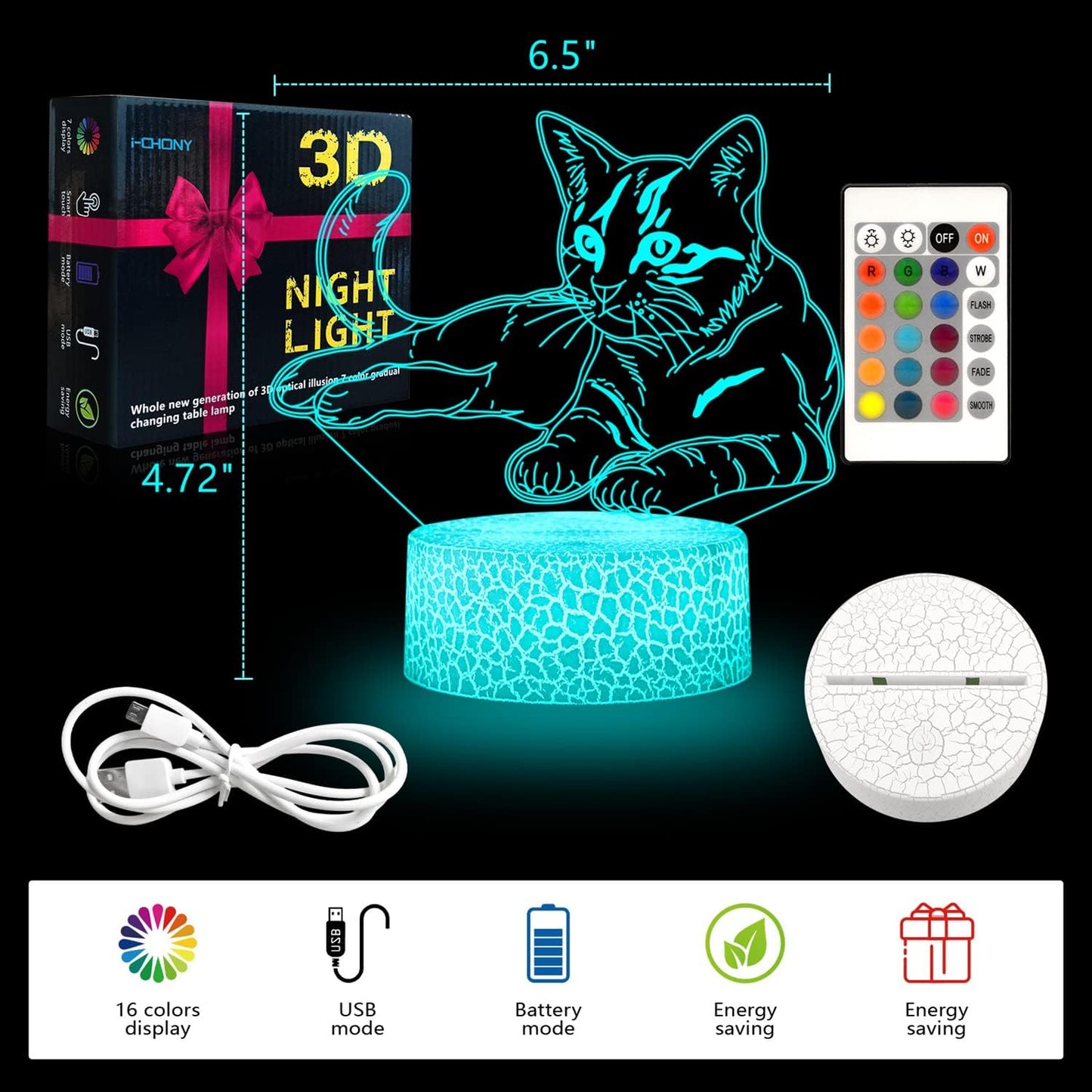 i-CHONY Cat Gift 3D Illusion Lamp,Cute LED Night Light,with Remote & Smart Touch 16 Colors Bedroom Decorations Bedside Lamp - Cat Love Gift for Women Teens Girls Kids Birthday Christmas