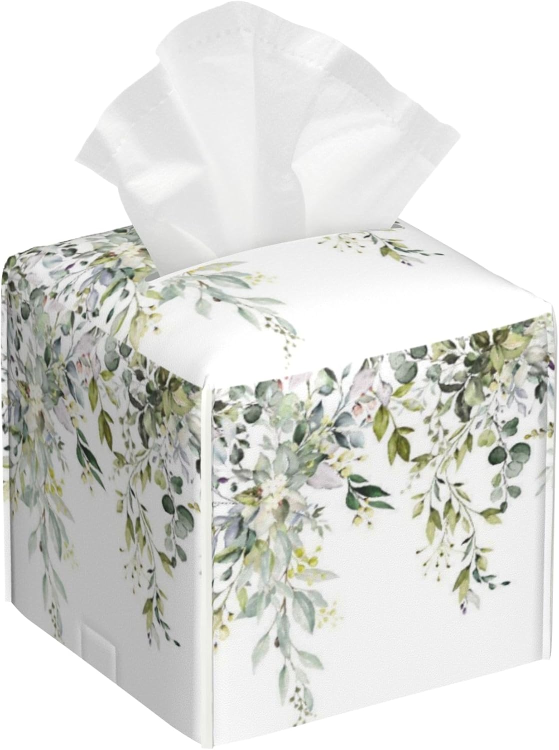 Watercolor Floral Leaves Tissue Box Holder,Square Leather Tissue Box Cover with Bottom Belt,Waterproof Modern Napkin Holder Organizer for Car Bathroom Nightstand Vanity Tabletop,5.2" x 5.2" x 5.2"