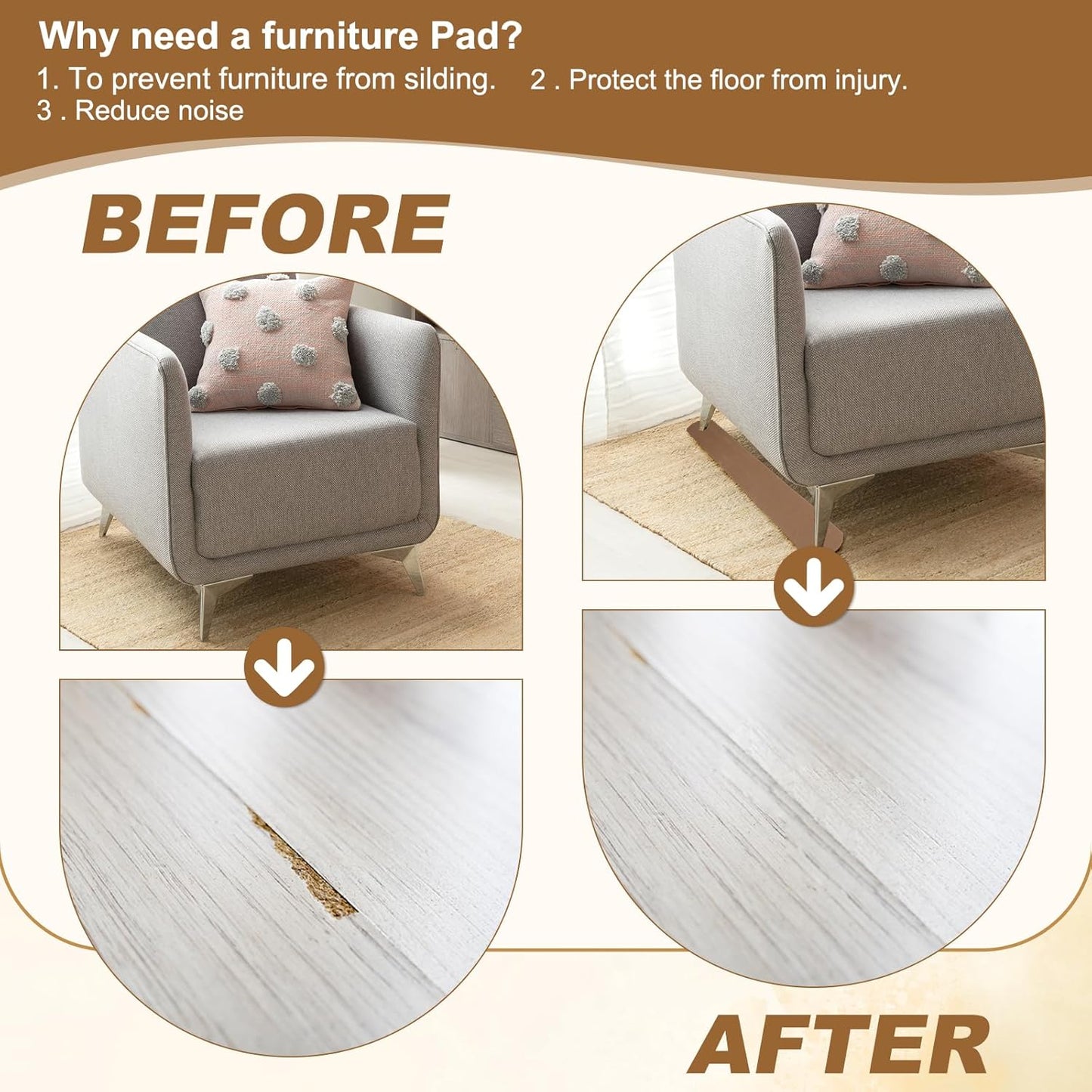 PATIKIL Rectangle Corner Anti-Slip Furniture Rail Pads 27x4x3, 4 Pcs Non-Skid Rubber Furniture Pads for Hardwood Floors Protector Grippers Pads Recliners Sofa Couches, Brown