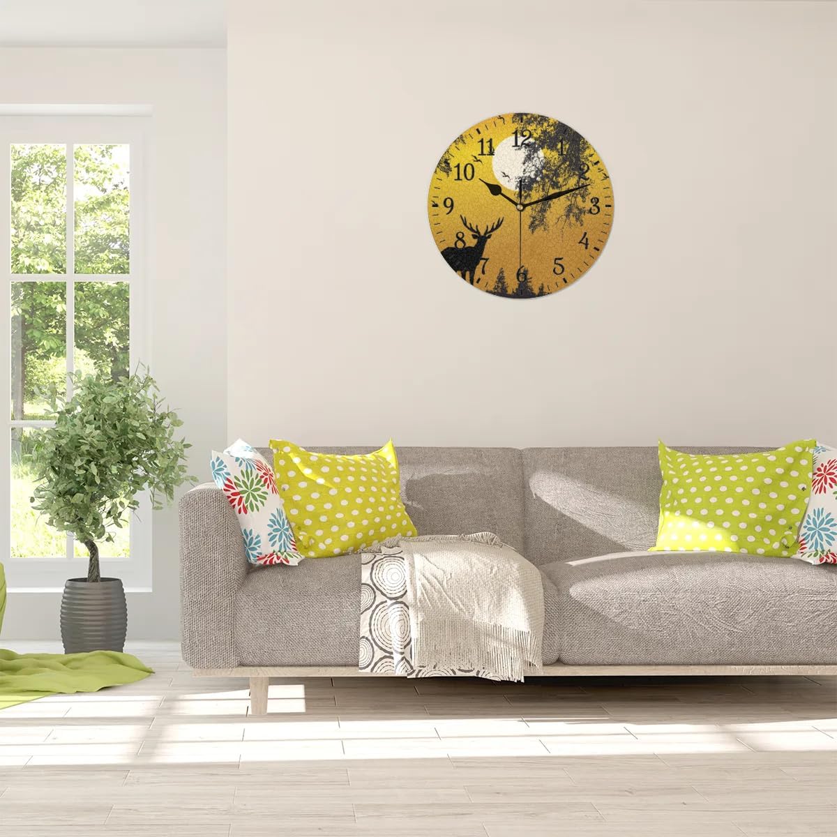 Wall Clock without Ticking Sound - 25cm Silent Round Clocks Battery Operated Modern Decorative Style Easy to Read for Living Room/Kitchen/Bedrooms/Office/Home Decor/Hallway (Deer at Sunset)