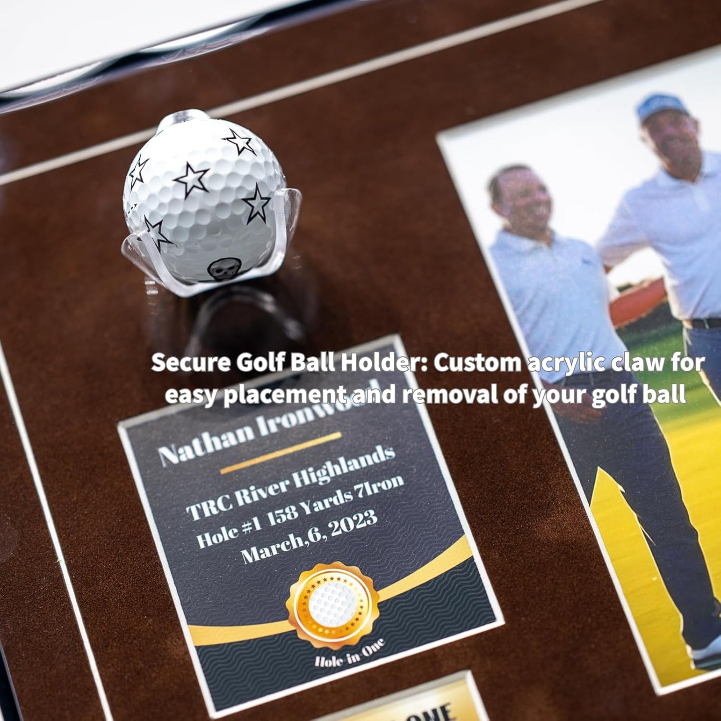 One-Shot Victory Golf Ball Display Frame – Acrylic Case with External Ball Mount, Custom Photo & Nameplate, Brown Suede Mat, Elegant Golf Keepsake Gift