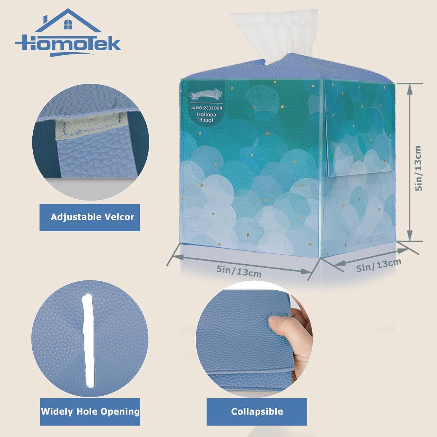 HOMOTEK 2 Pack Tissue Box Cover, Square PU Leather Tissue Holder, Decorative Facial Tissue Cube Paper Organizer Dispenser for Bathroom, Night Stands, Desk, Car 5X5X5'' - Haze Blue, Pebble Grain