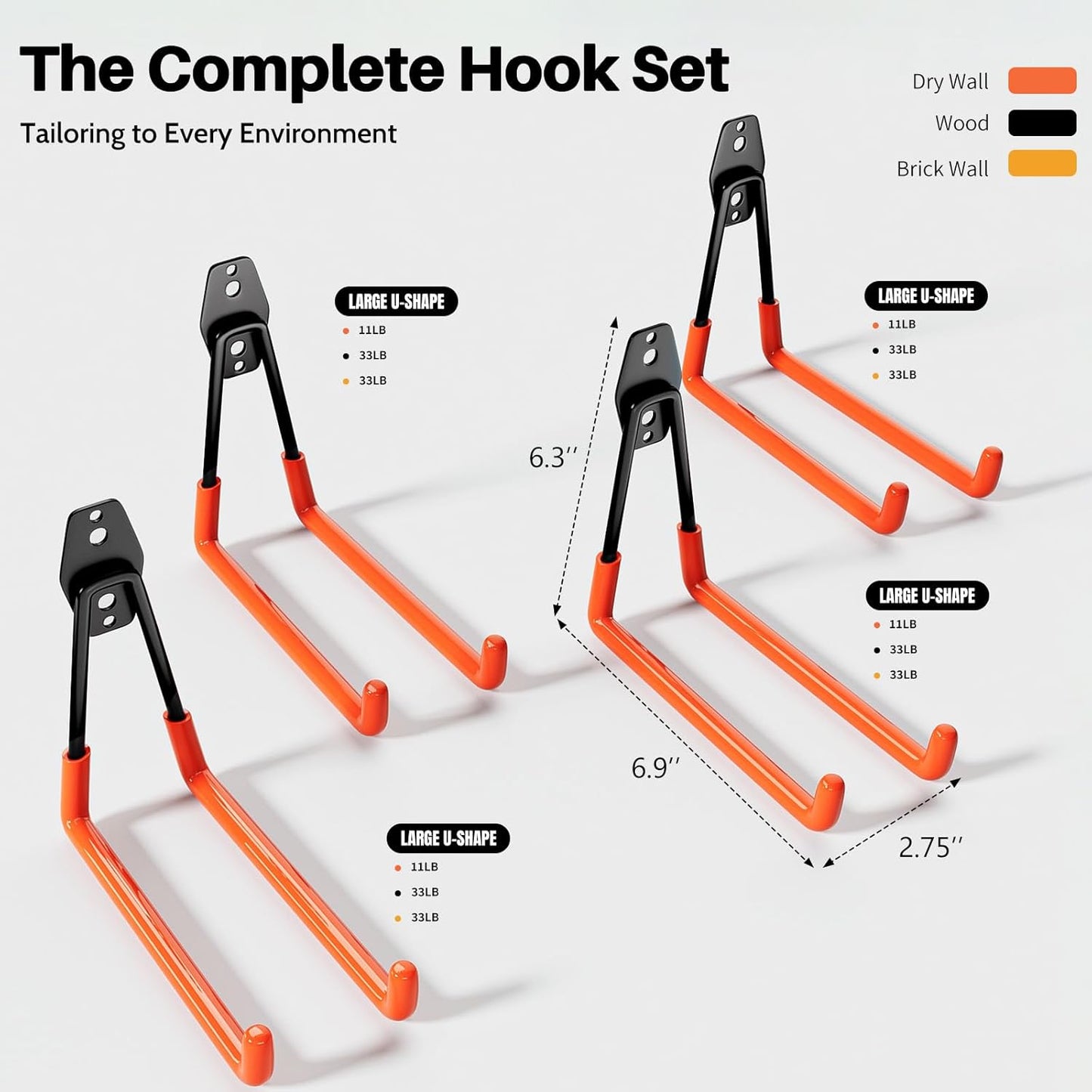 Garage Hooks Heavy Duty 6 Pack Utility Wall Mount Storage Hangers with Extension Cord Holder Organizer for Power Tool Garden Tool Ladder Hose and More
