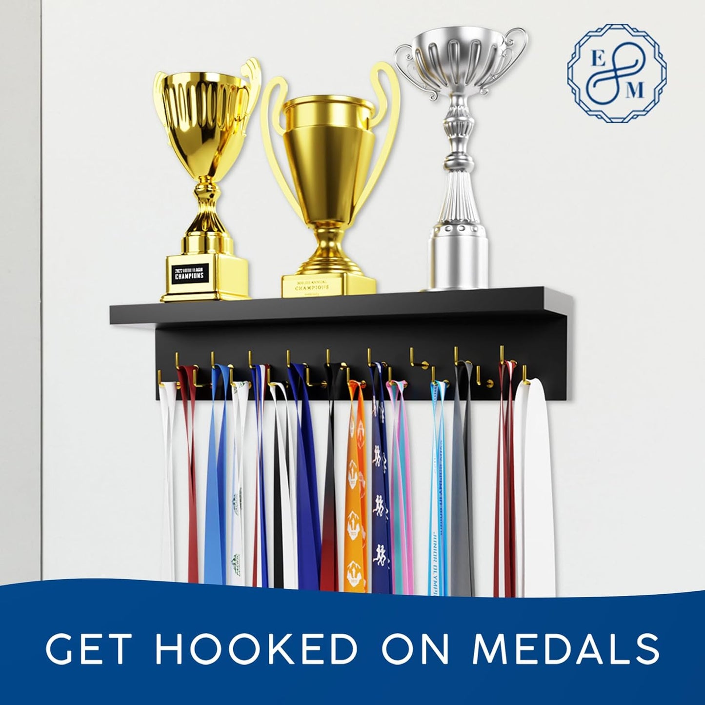 EVERMORE Medal Hanger Display and Trophy Shelf with Hooks - Wooden Medal Holder for Wall Mount Ribbon Display, Trophy Display Shelf for Gymnastics, Soccer, Running Race Medals Awards Rack