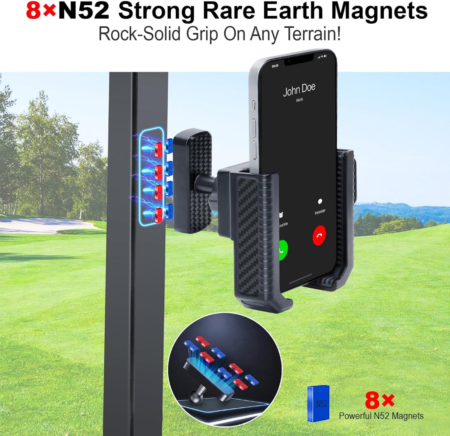 Magnetic Golf Cart Phone Holder, 8 N52 Strong Magnetic Base, Fits EZGO, Club Car, Yamaha, Golf Cart Phone Mount for iPhone, Samsung & Smartphones, Golf Cart Accessories for Men Women, Black
