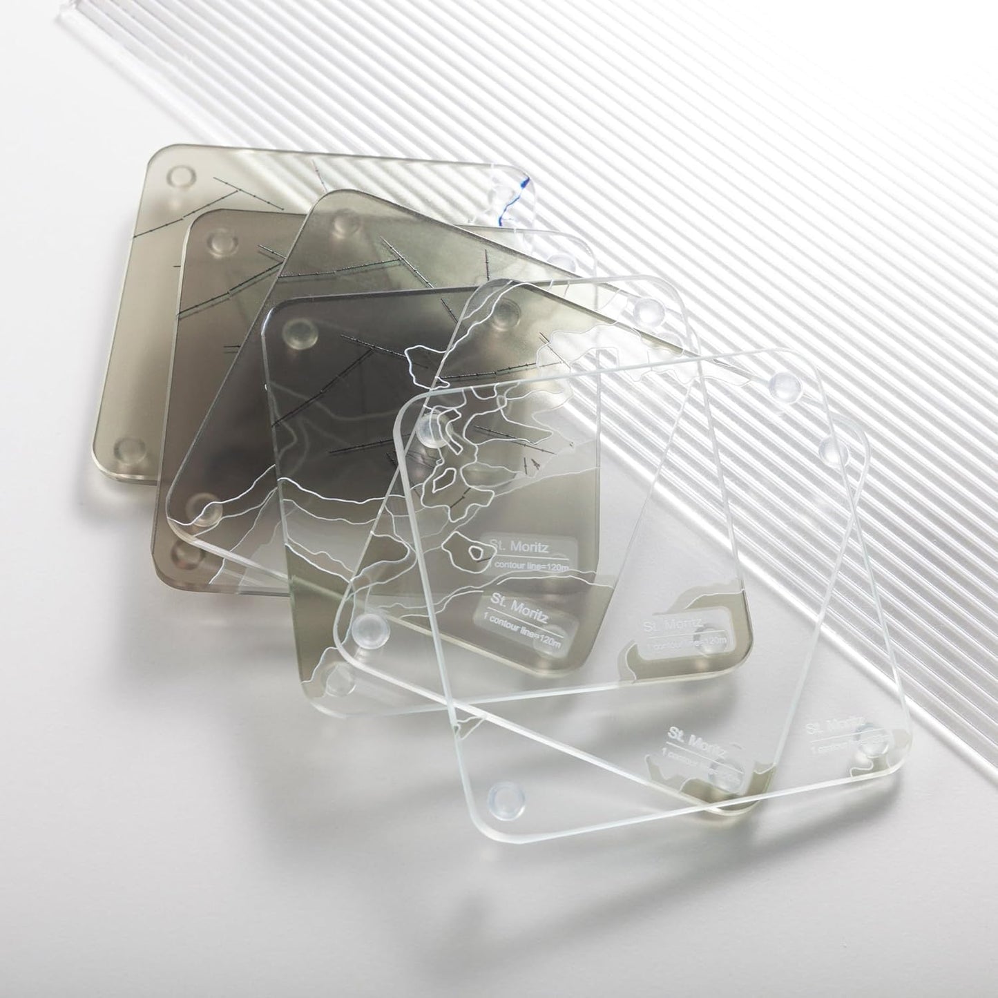 St. Moritz, Swiss 3D Contour Map Glass Drink Coasters of Mountains, Ski Resort, Set of 6 with Holder, Housewarming Birthday Gifts, Home Decor