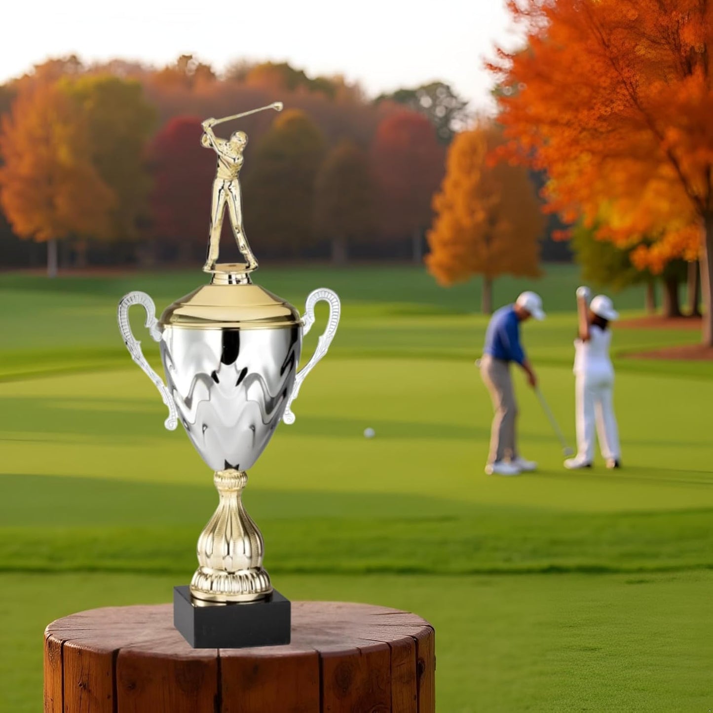 Premium Golf Trophy – Large Gold and Silver Metal Cup with Male Golf Driver Figure – Custom Engraved Plate – Elegant Golf Award for Tournaments, Championships, Charity Events, Corporate Events