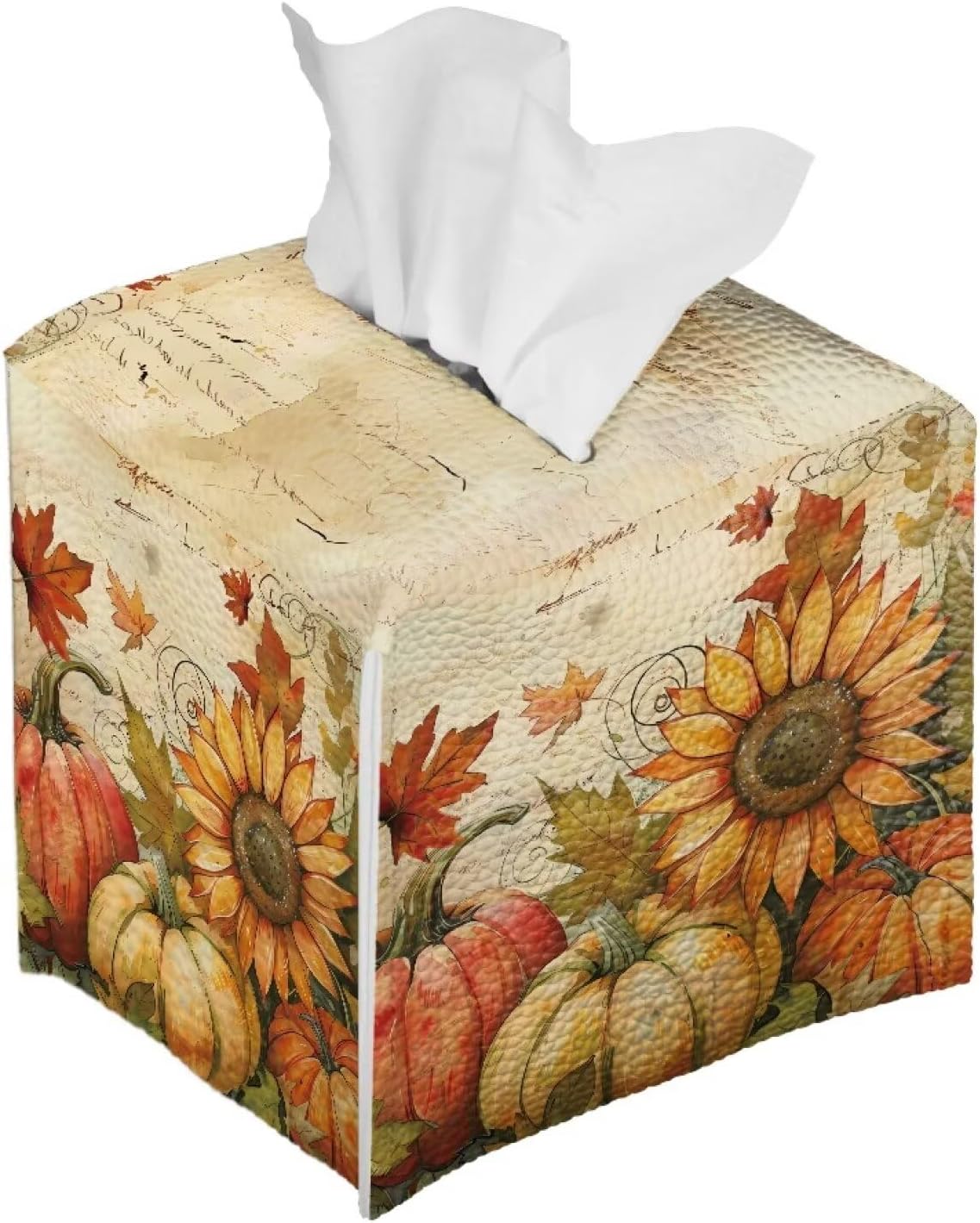 Thanksgiving Tissue Box Cover Cube Leather Tissue Box Holder Sunflower & Pumpkin Facial Paper Organizer 5x5x5 inch Mordern Home Decor for Bedroom Living Room