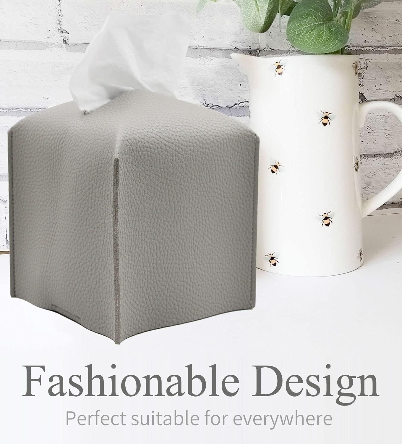 Livelab Tissue Box Cover Holder, Square Modern Decoration PU Leather Facial Tissues Case Roll Paper Dispenser for Bathroom Vanity Countertop, Night Stands, Office Desk Car 5X5X5'' | Pastel Grey