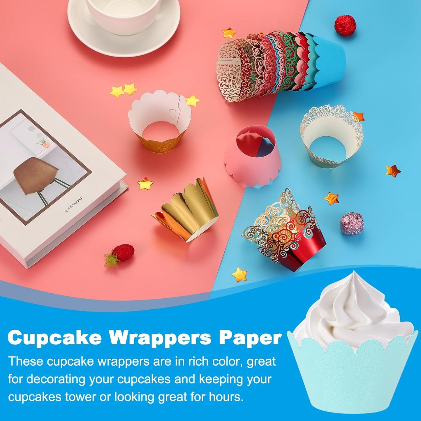 PATIKIL Cupcake Wrappers Paper, 50 Pack Baking Cups Standard Wave Decoration for Anniversary Birthday Weddings and Parties, Light Blue