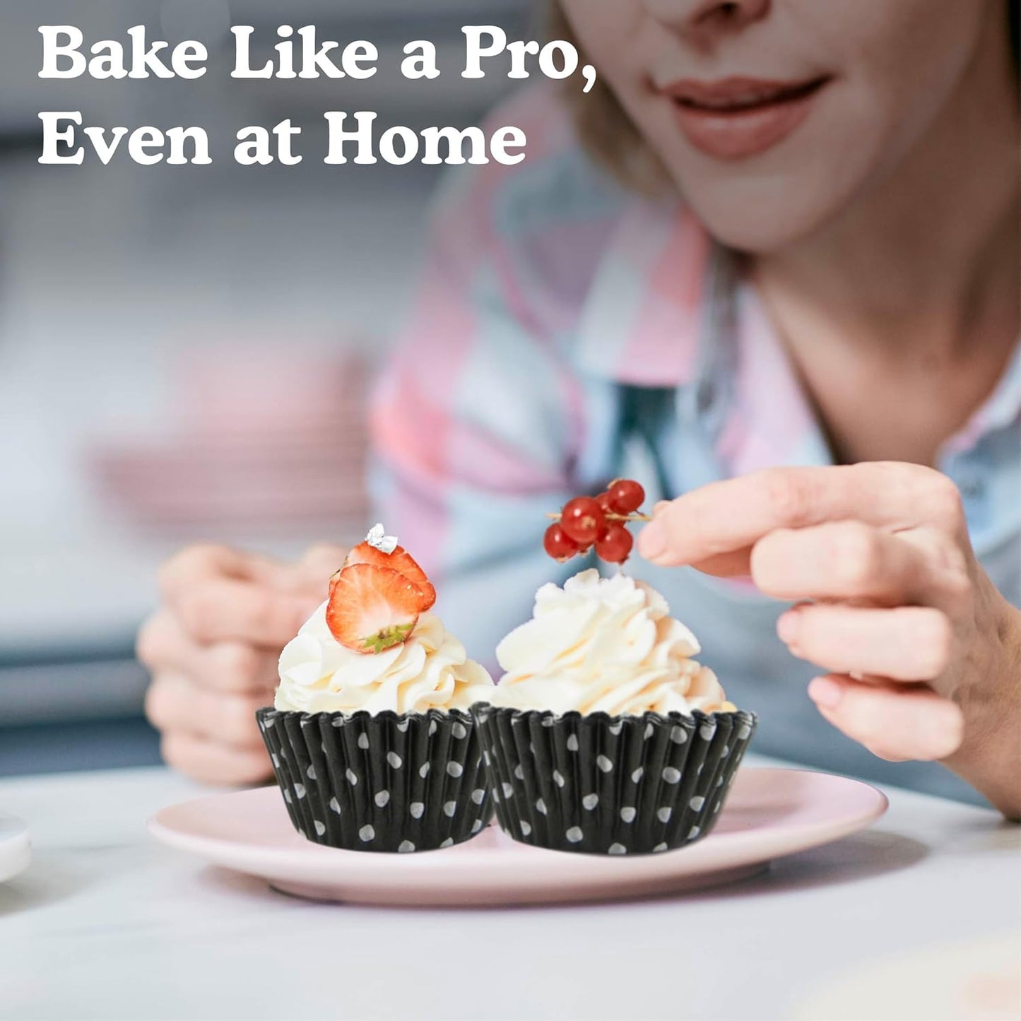 Regency Wraps Greaseproof Professional Grade Baking Cups, Pack of 40, Standard Liners, Black Polka Dots, for Cupcakes, Muffins, Candy, Non Stick