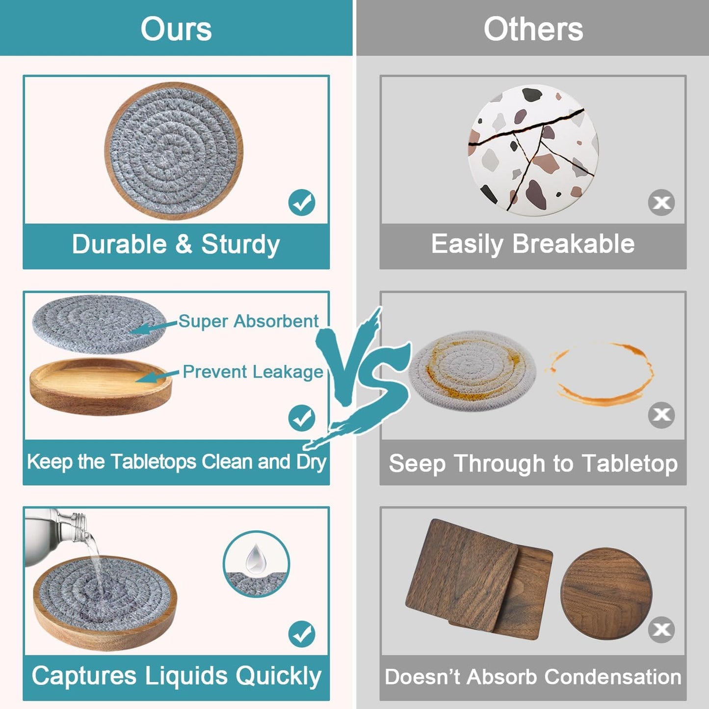 Wood Coasters for Drinks, Absorbent Coaster Sets of 8, Woven Drink Coasters for Coffee Table, Housewarming Gift for Farmhouse Home Decor,4.3 inches Gray