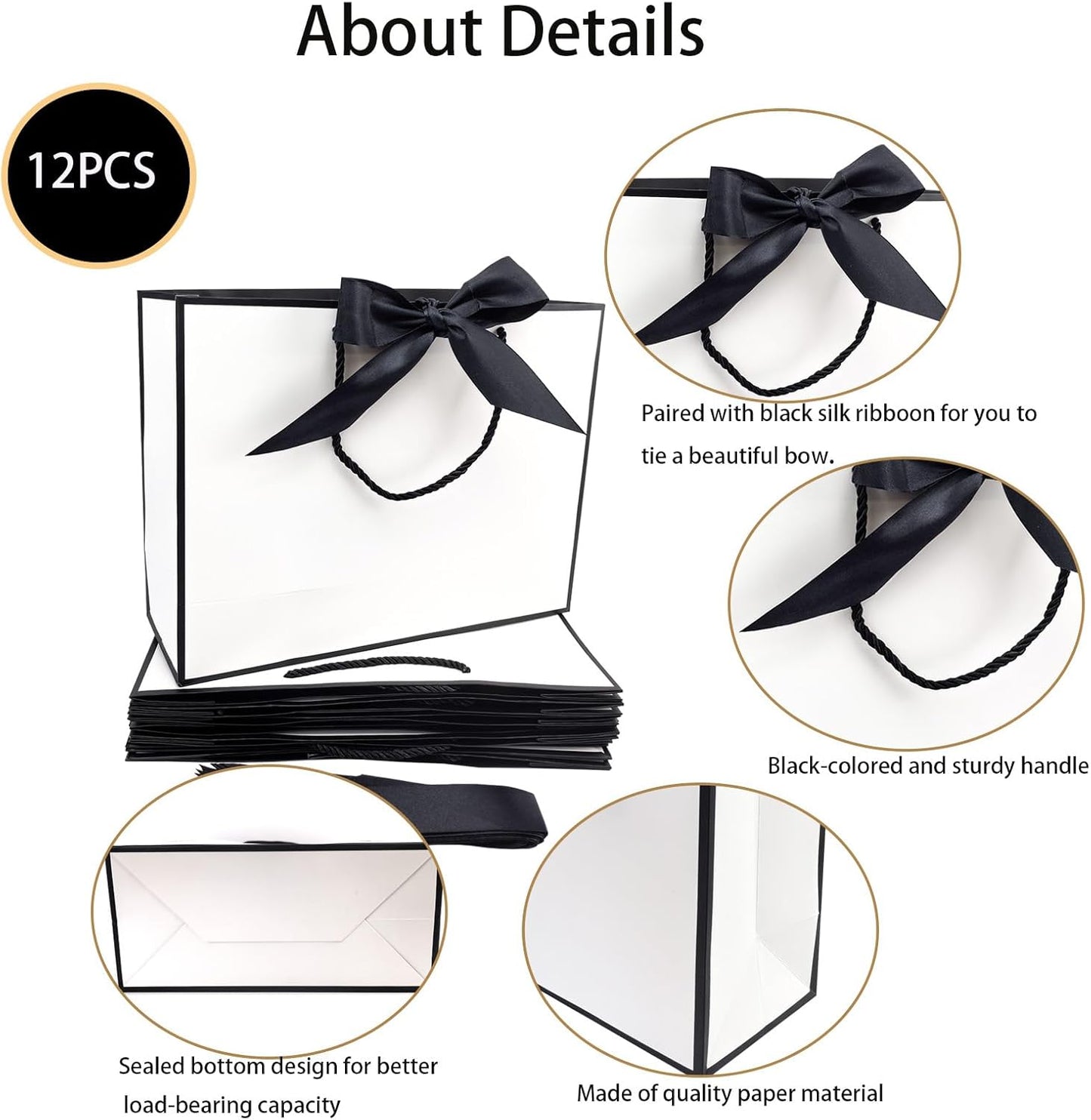 TKSBAG 12PCS Gift Bags Medium Size with Handles, 12.5 x 9.8 x 4.3 In White Black Thank You Bags with Bow Ribbon for Wedding, Birthday, bridesmaid, Groomsmen, Party Favors, Thanksgiving, Christmas